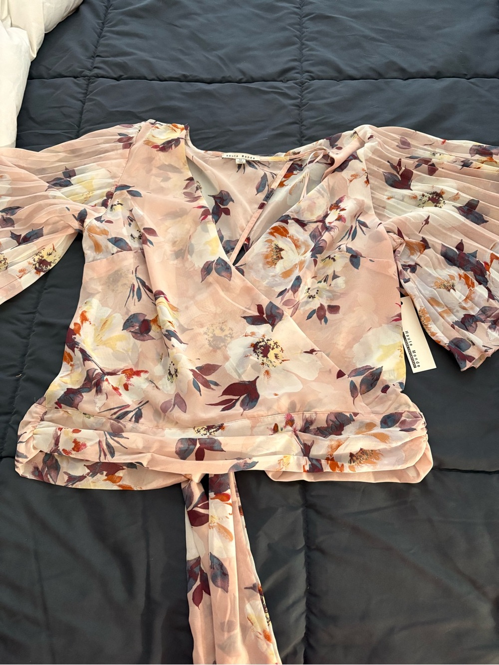 Haute Monde Blush Pink Floral Wrap Blouse with Puff Sleeves